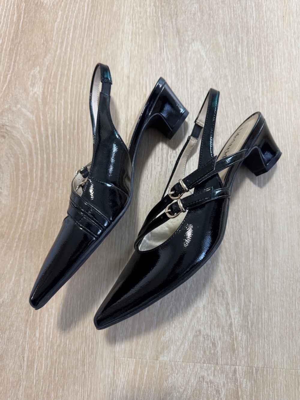 Life Stride Black Patent Pointed Slingback Flats with Double-Strap Detail - Picture 2 of 4